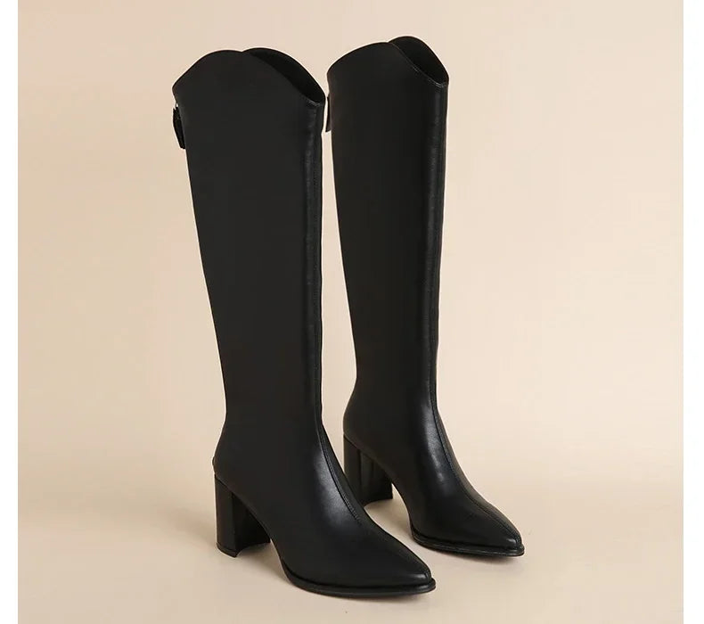 Plus Size Knee-High Boots with Zipper – Thick-Heel Vegan Leather Boots (Sizes 34–43)