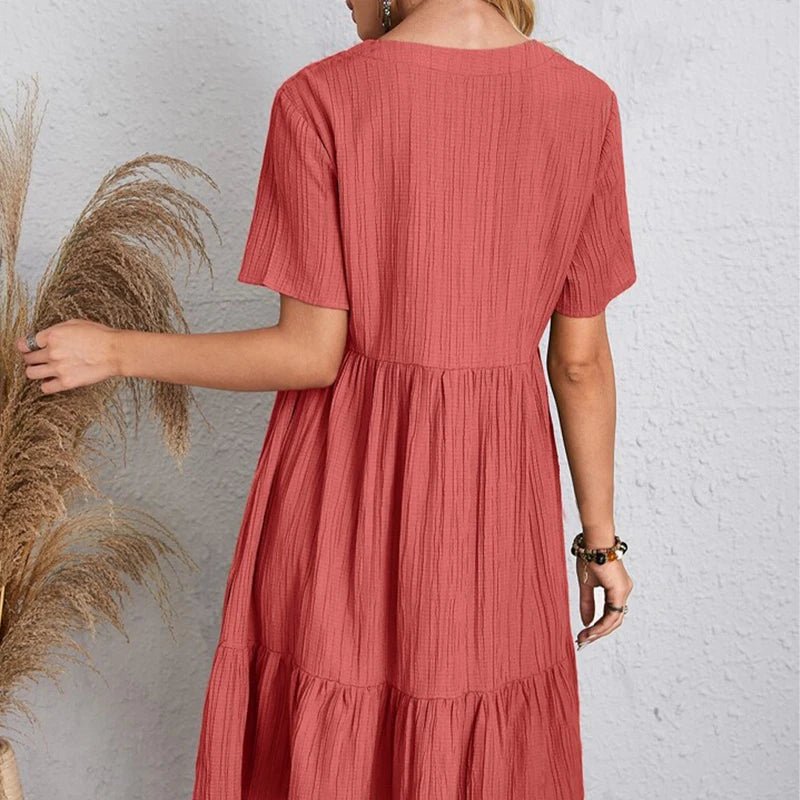 Women Mini Dress Summer Casual Solid V Neck Ruffles A-line Dress Female Fashion Holiday Boho Loose Beach Elegant Dresses Vestido