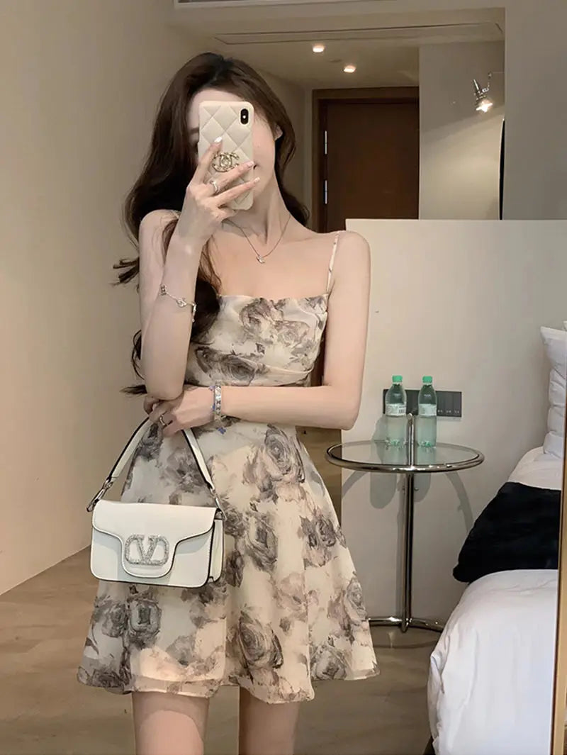 Mini Dresses Women Vintage Floral Temper Hollow Out Summer French Style Aesthetic Party Chic Streetwear Tender Sleeveless Casual