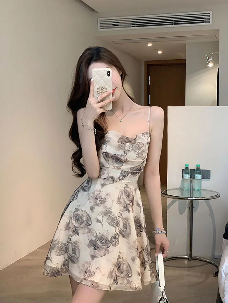 Mini Dresses Women Vintage Floral Temper Hollow Out Summer French Style Aesthetic Party Chic Streetwear Tender Sleeveless Casual