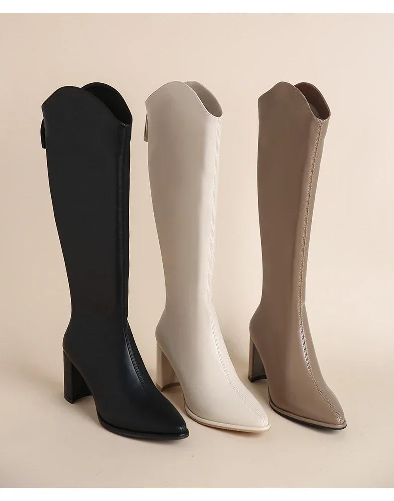 Plus Size Knee-High Boots with Zipper – Thick-Heel Vegan Leather Boots (Sizes 34–43)