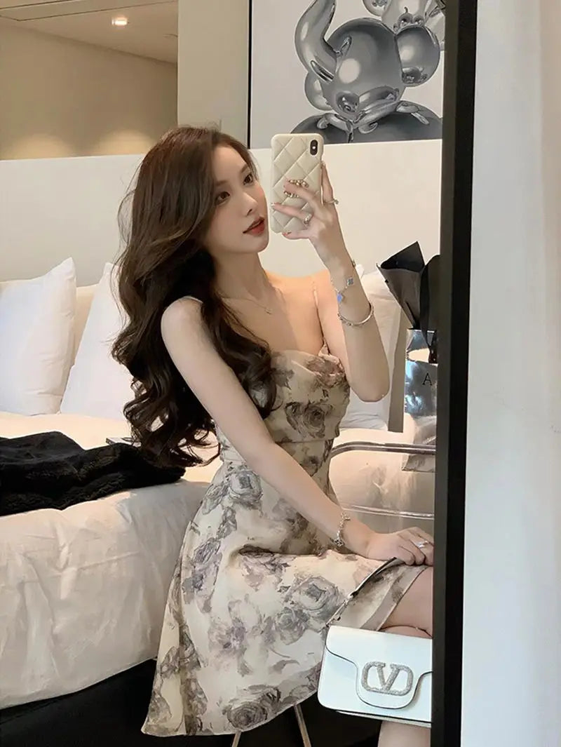 Mini Dresses Women Vintage Floral Temper Hollow Out Summer French Style Aesthetic Party Chic Streetwear Tender Sleeveless Casual