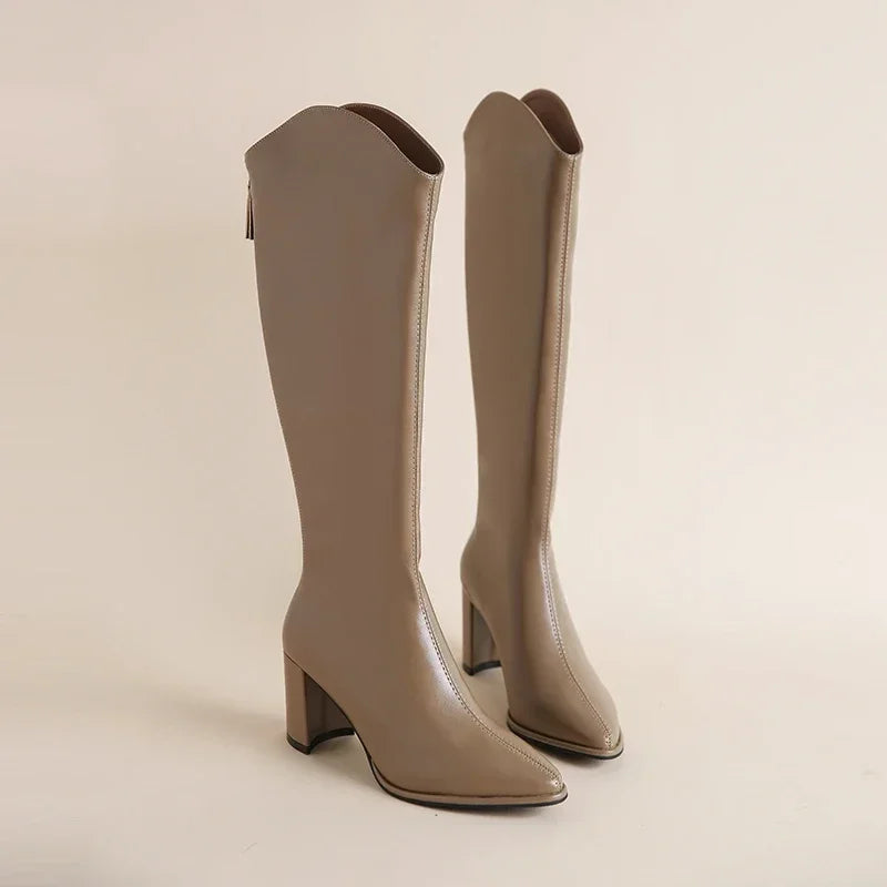 Plus Size Knee-High Boots with Zipper – Thick-Heel Vegan Leather Boots (Sizes 34–43)