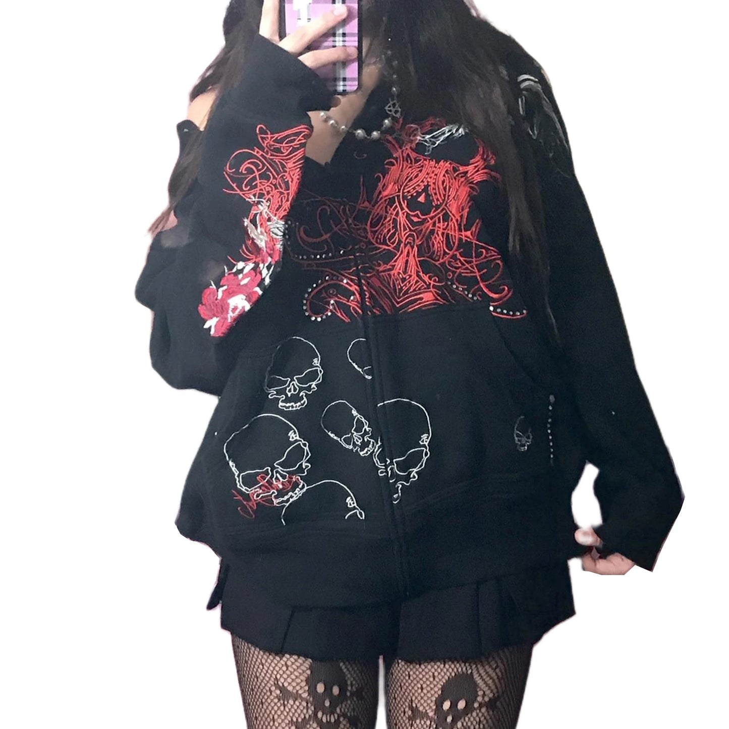 Combhasaki Women Y2K Vintage Grunge Gothic Loose Coat Long Sleeve Skull Print Sweatshirt Outwear with Pocket Jacket with Zipper