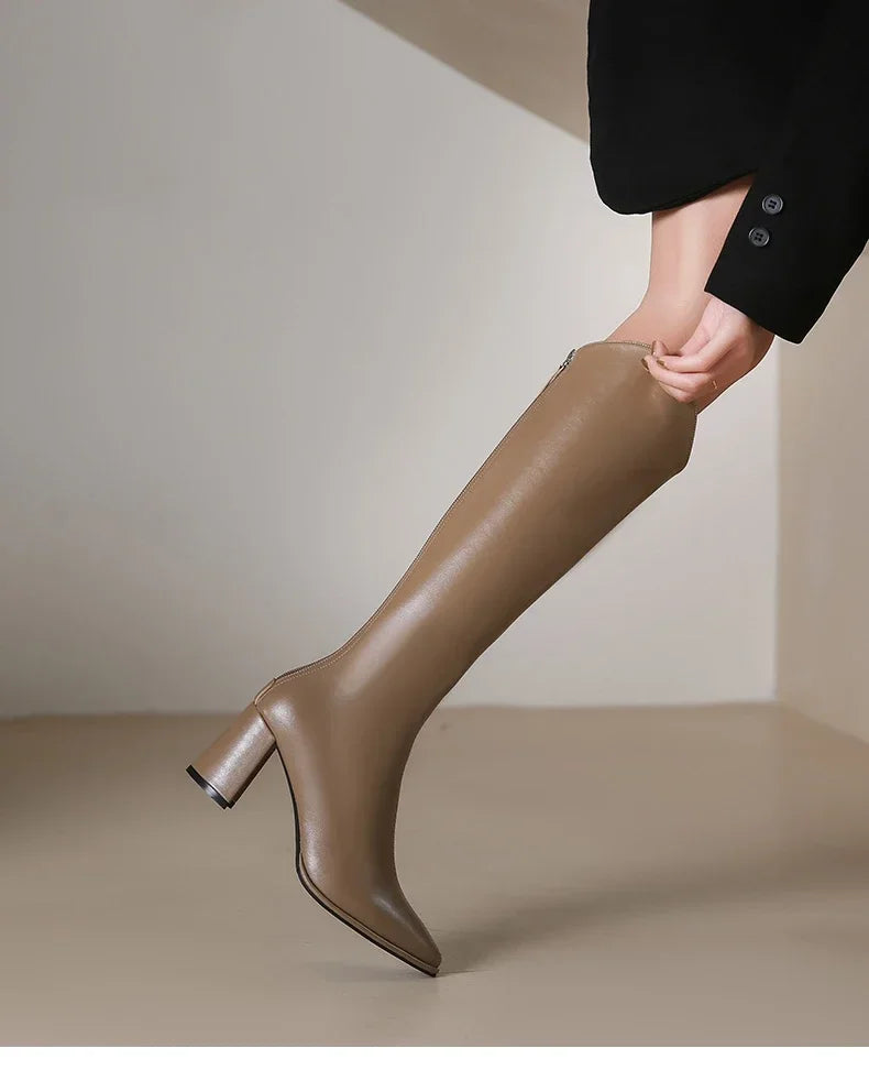 Plus Size Knee-High Boots with Zipper – Thick-Heel Vegan Leather Boots (Sizes 34–43)