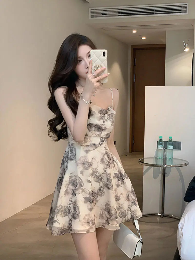 Mini Dresses Women Vintage Floral Temper Hollow Out Summer French Style Aesthetic Party Chic Streetwear Tender Sleeveless Casual