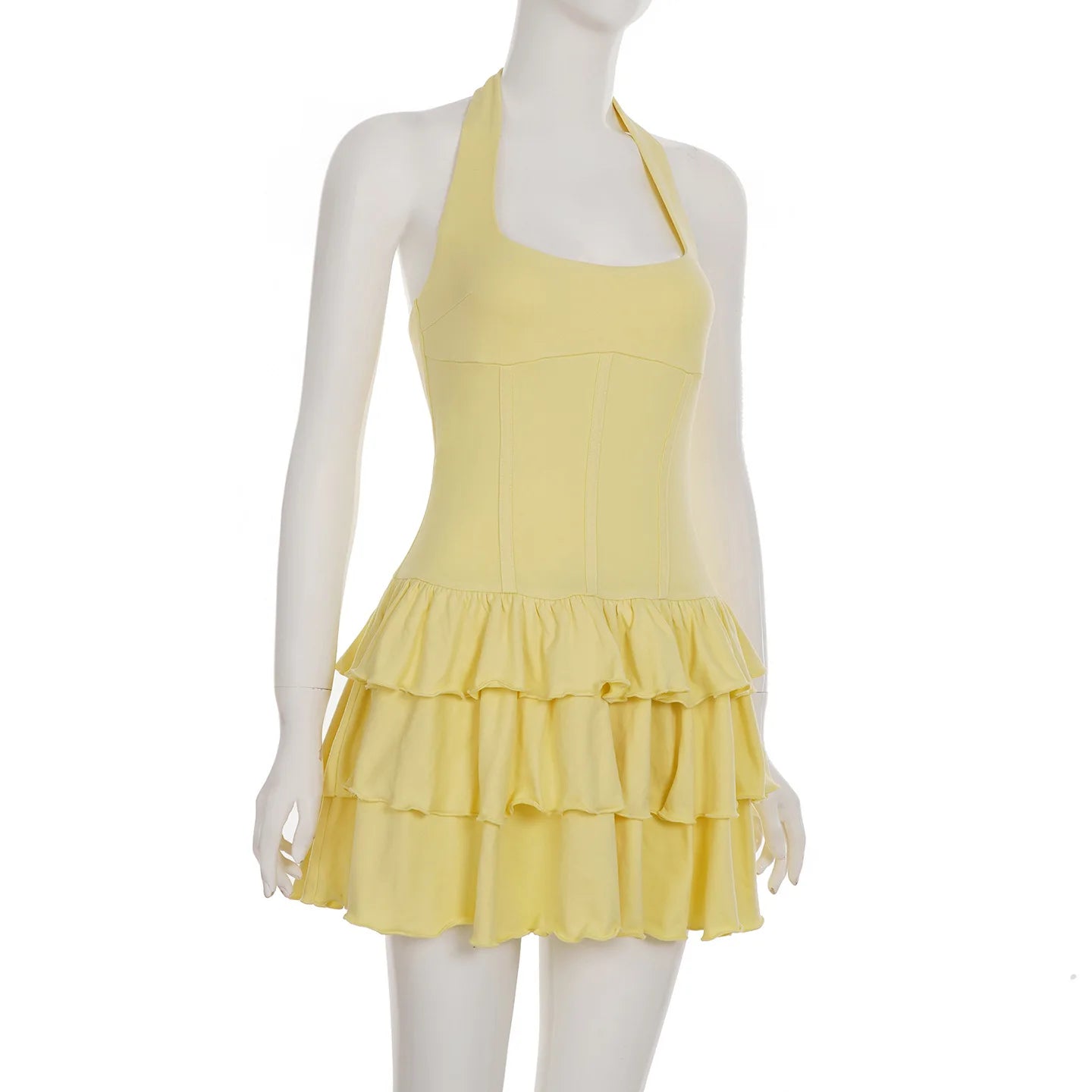 Tornova Vacation Halter Mini Dress For Women Solid High Waist Puffy Dress Ruffled Splice Fashion Sexy Slim Dress 2025 Summer New