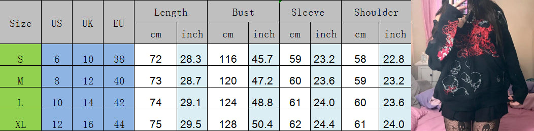 Combhasaki Women Y2K Vintage Grunge Gothic Loose Coat Long Sleeve Skull Print Sweatshirt Outwear with Pocket Jacket with Zipper