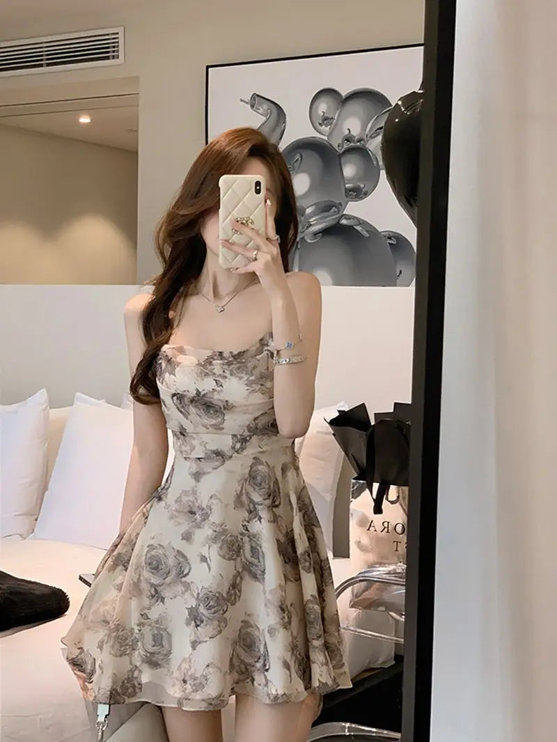 Mini Dresses Women Vintage Floral Temper Hollow Out Summer French Style Aesthetic Party Chic Streetwear Tender Sleeveless Casual