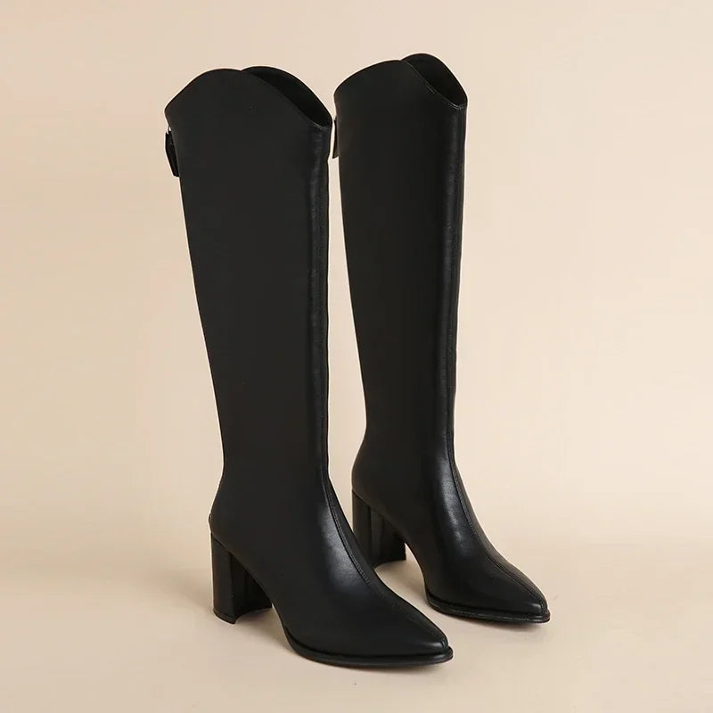 Plus Size Knee-High Boots with Zipper – Thick-Heel Vegan Leather Boots (Sizes 34–43)