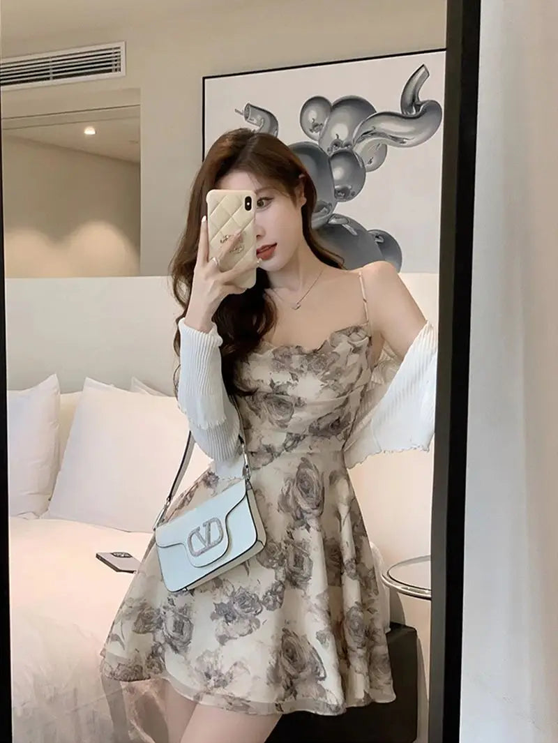 Mini Dresses Women Vintage Floral Temper Hollow Out Summer French Style Aesthetic Party Chic Streetwear Tender Sleeveless Casual