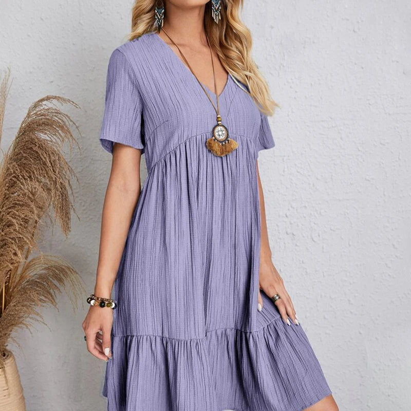 Women Mini Dress Summer Casual Solid V Neck Ruffles A-line Dress Female Fashion Holiday Boho Loose Beach Elegant Dresses Vestido