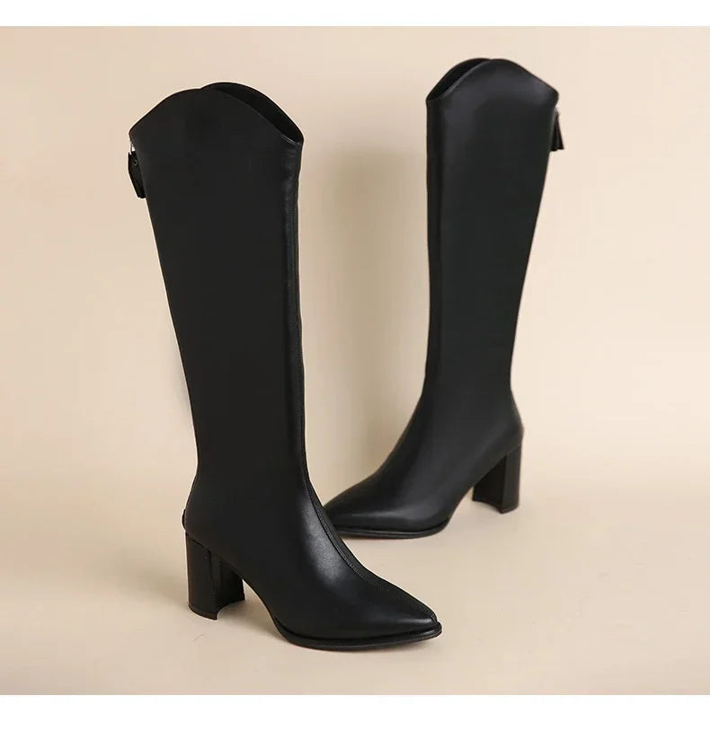 Plus Size Knee-High Boots with Zipper – Thick-Heel Vegan Leather Boots (Sizes 34–43)
