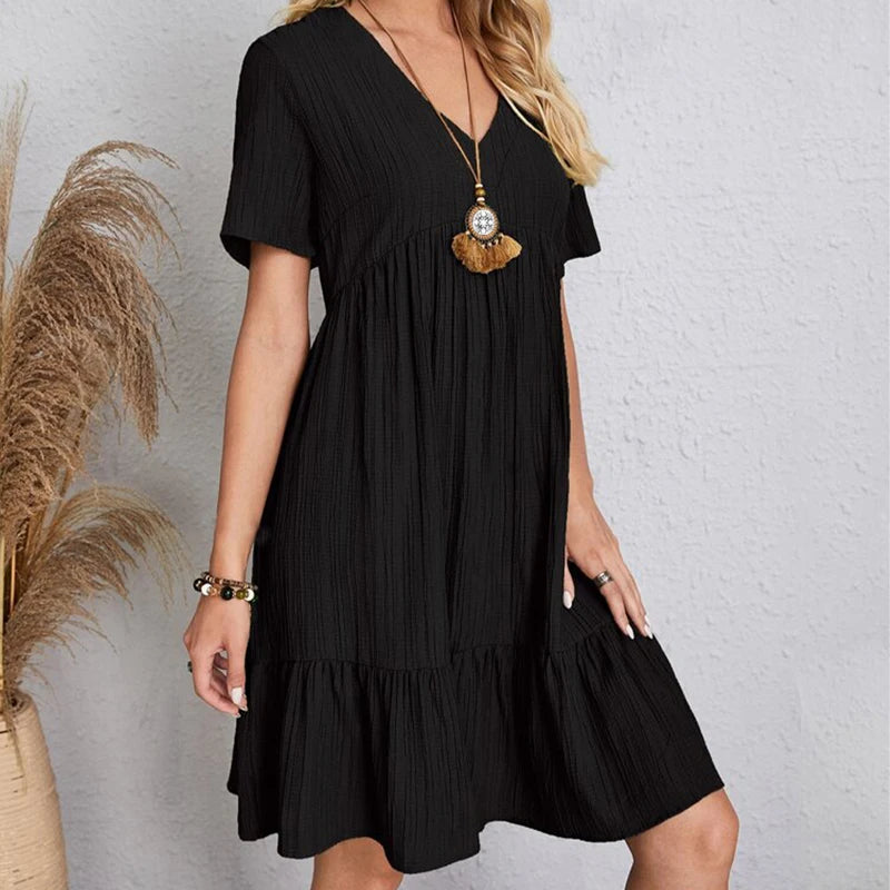 Women Mini Dress Summer Casual Solid V Neck Ruffles A-line Dress Female Fashion Holiday Boho Loose Beach Elegant Dresses Vestido