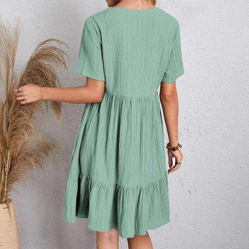 Women Mini Dress Summer Casual Solid V Neck Ruffles A-line Dress Female Fashion Holiday Boho Loose Beach Elegant Dresses Vestido