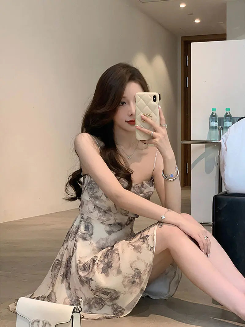 Mini Dresses Women Vintage Floral Temper Hollow Out Summer French Style Aesthetic Party Chic Streetwear Tender Sleeveless Casual