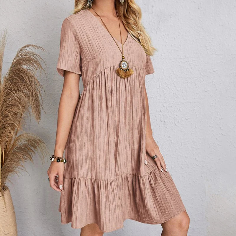 Women Mini Dress Summer Casual Solid V Neck Ruffles A-line Dress Female Fashion Holiday Boho Loose Beach Elegant Dresses Vestido