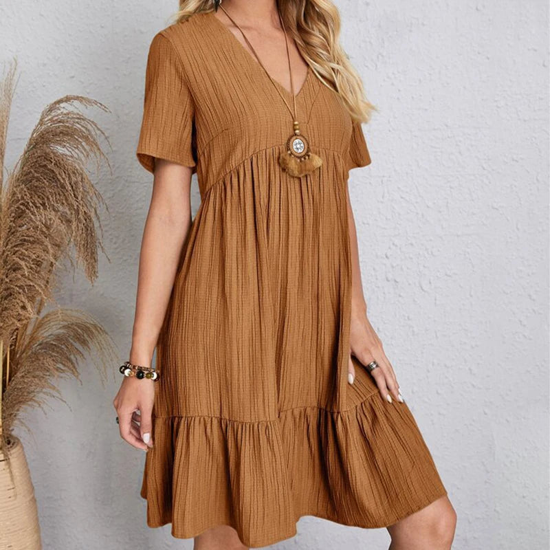 Women Mini Dress Summer Casual Solid V Neck Ruffles A-line Dress Female Fashion Holiday Boho Loose Beach Elegant Dresses Vestido