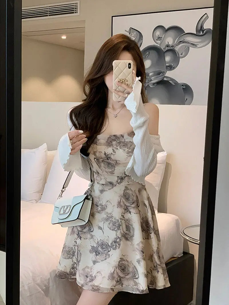 Mini Dresses Women Vintage Floral Temper Hollow Out Summer French Style Aesthetic Party Chic Streetwear Tender Sleeveless Casual