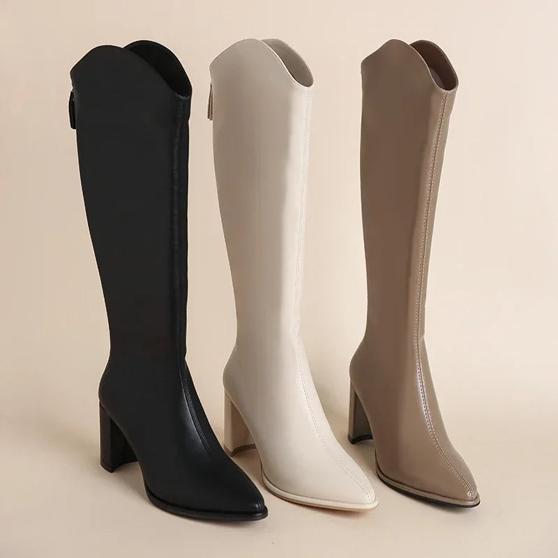 Plus Size Knee-High Boots with Zipper – Thick-Heel Vegan Leather Boots (Sizes 34–43)