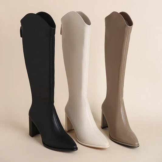 Plus Size Knee-High Boots with Zipper – Thick-Heel Vegan Leather Boots (Sizes 34–43)