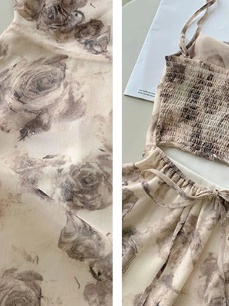 Mini Dresses Women Vintage Floral Temper Hollow Out Summer French Style Aesthetic Party Chic Streetwear Tender Sleeveless Casual