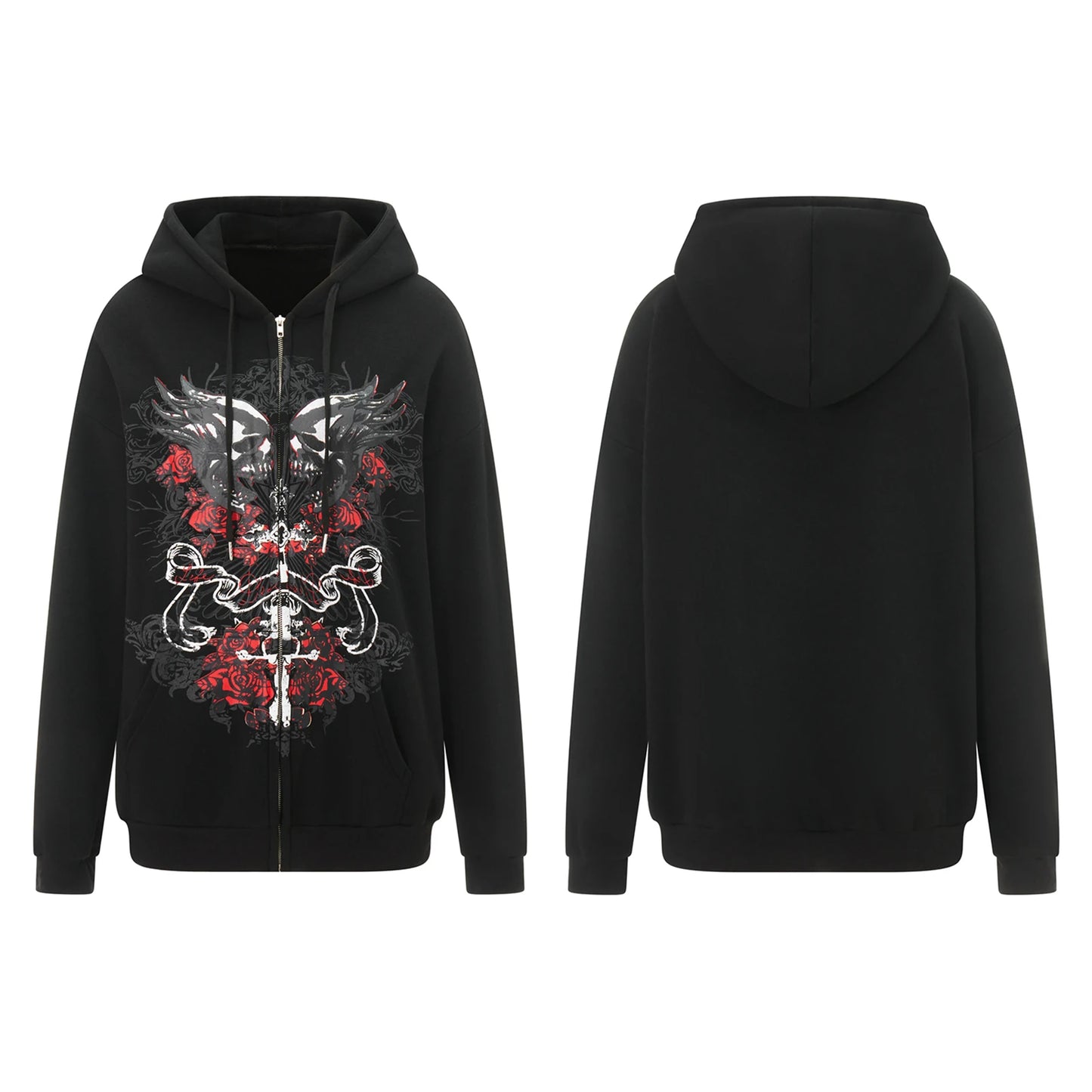 Combhasaki Women Y2K Vintage Grunge Gothic Loose Coat Long Sleeve Skull Print Sweatshirt Outwear with Pocket Jacket with Zipper