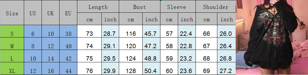 Combhasaki Women Y2K Vintage Grunge Gothic Loose Coat Long Sleeve Skull Print Sweatshirt Outwear with Pocket Jacket with Zipper