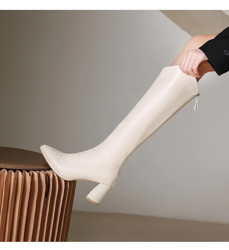 Plus Size Knee-High Boots with Zipper – Thick-Heel Vegan Leather Boots (Sizes 34–43)