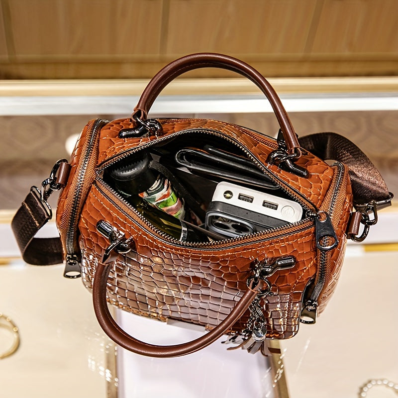 Crocodile Pattern Crossbody Bag, Luxury Top Handle Shoulder Bag, Women's Fashion Handbag & Boston Bag