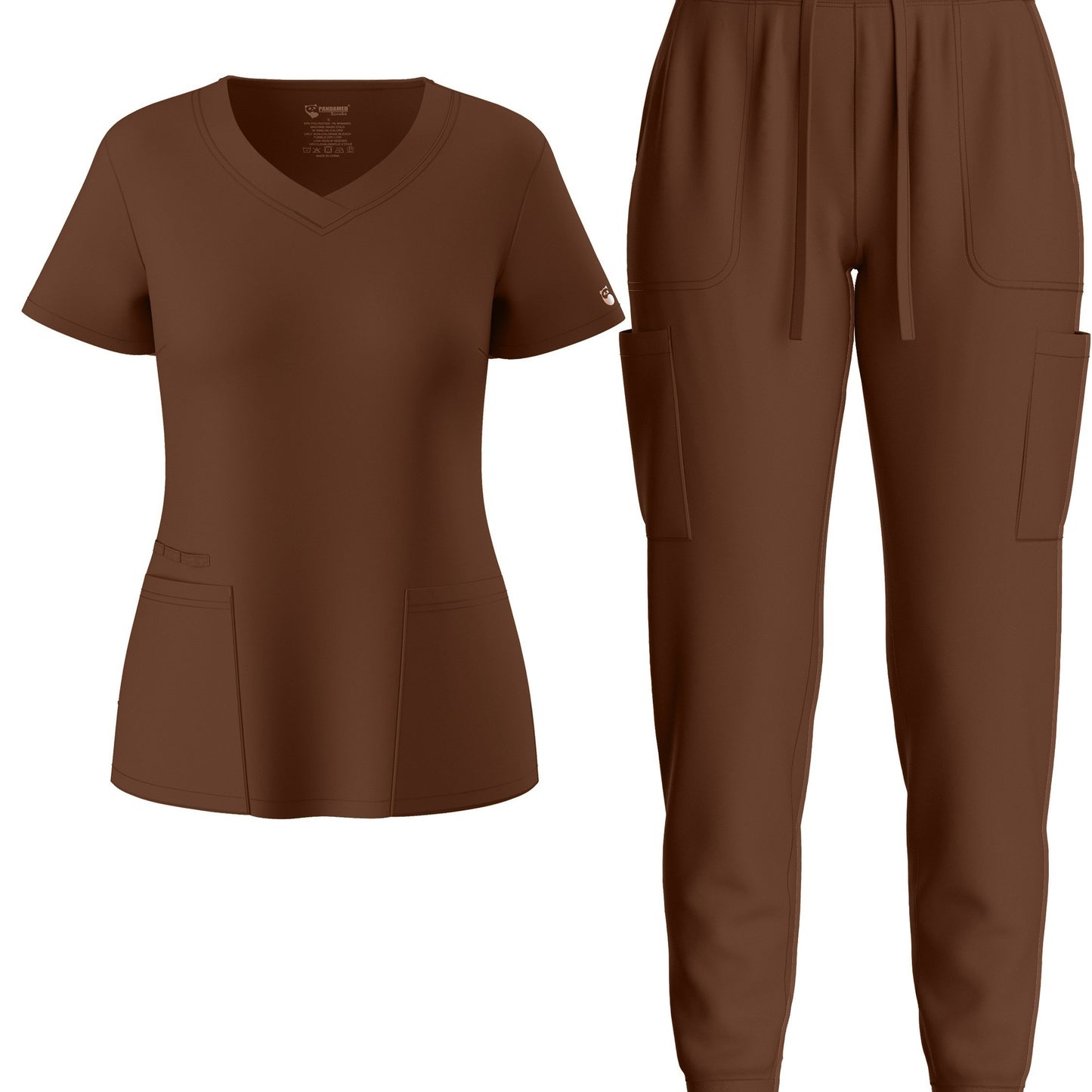 Solid Two-piece Set, Elegant Short Sleeve V Neck Scrub Top & Drawstring Pants Outfits, Women's Clothing