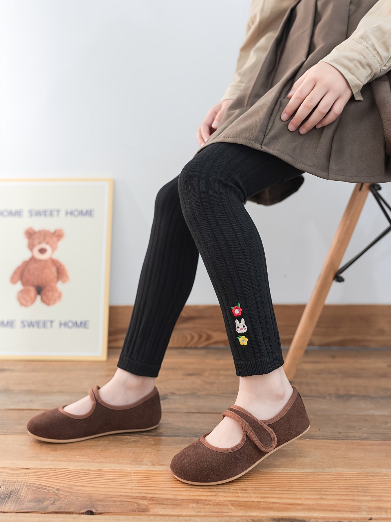 Kids' Base Pants, Girls' Spring/Autumn Vertical Stripe Slim Fit Knit Socks Embroidered Casual 9/10 Pants