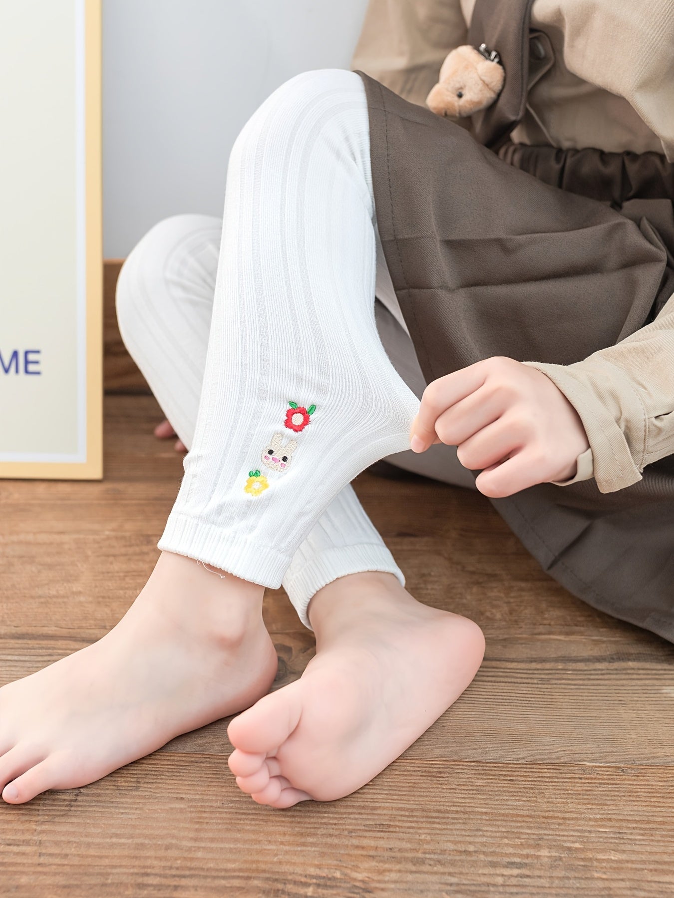 Kids' Base Pants, Girls' Spring/Autumn Vertical Stripe Slim Fit Knit Socks Embroidered Casual 9/10 Pants