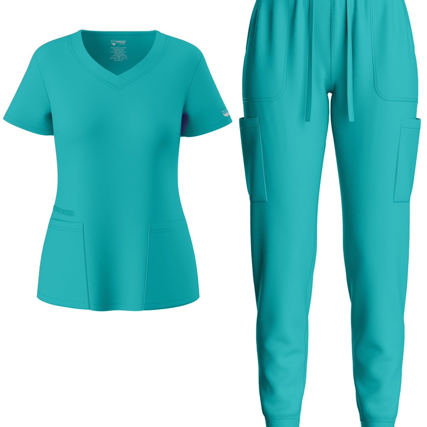 Solid Two-piece Set, Elegant Short Sleeve V Neck Scrub Top & Drawstring Pants Outfits, Women's Clothing