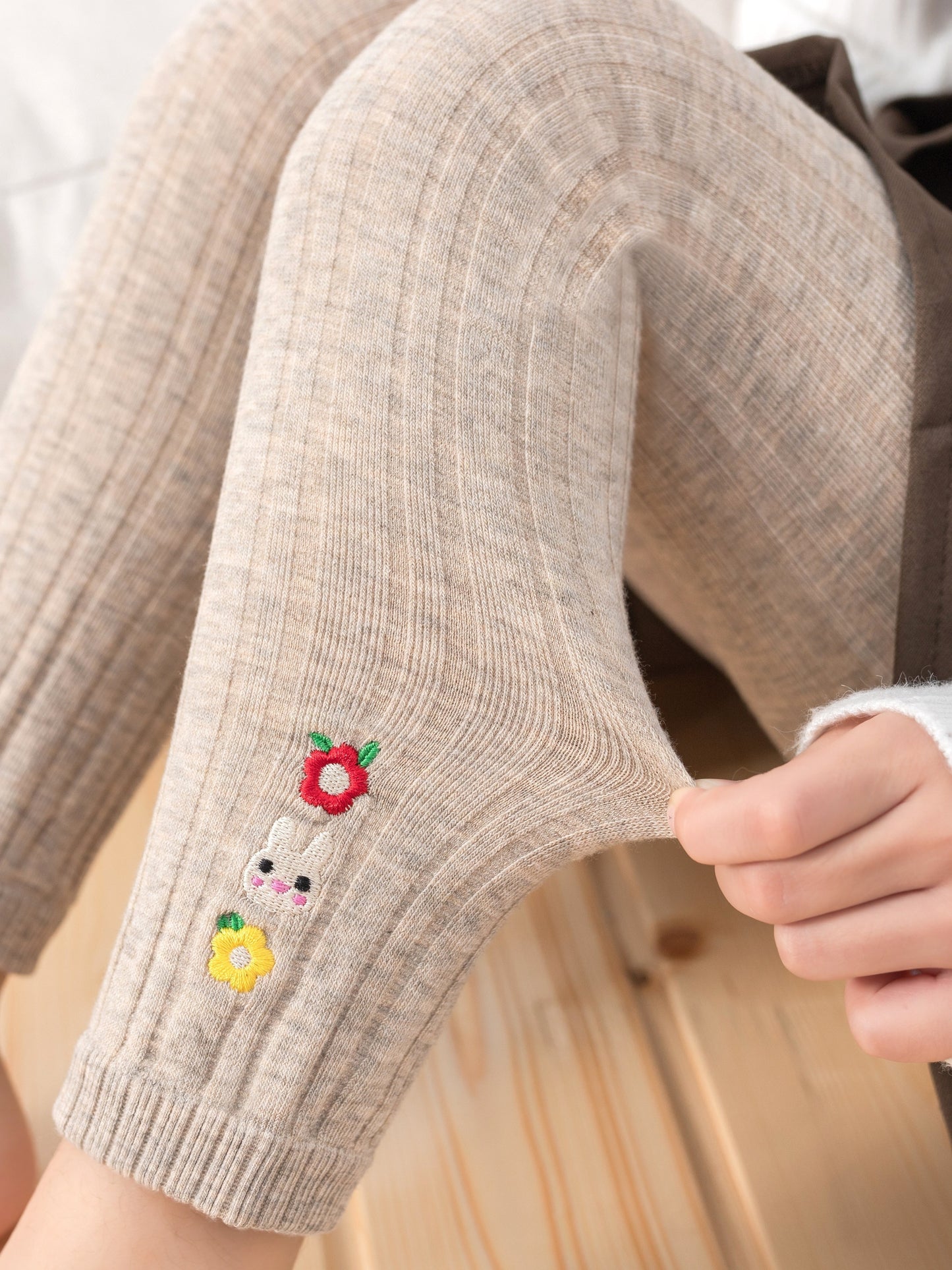 Kids' Base Pants, Girls' Spring/Autumn Vertical Stripe Slim Fit Knit Socks Embroidered Casual 9/10 Pants