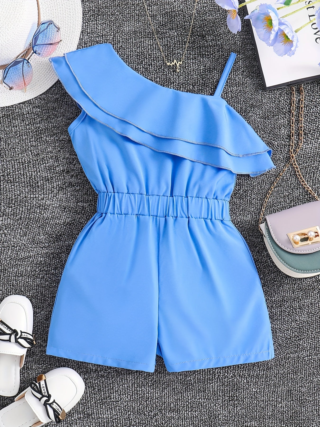 ' White Sleeveless A-Line Romper Jumpsuit - Summer Short Dress with Ruffle Trim &, Casual Playwear & Party Outfit, Easy-Care Hand Washable Short Sleeve Dress &, Perfect for Outdoor