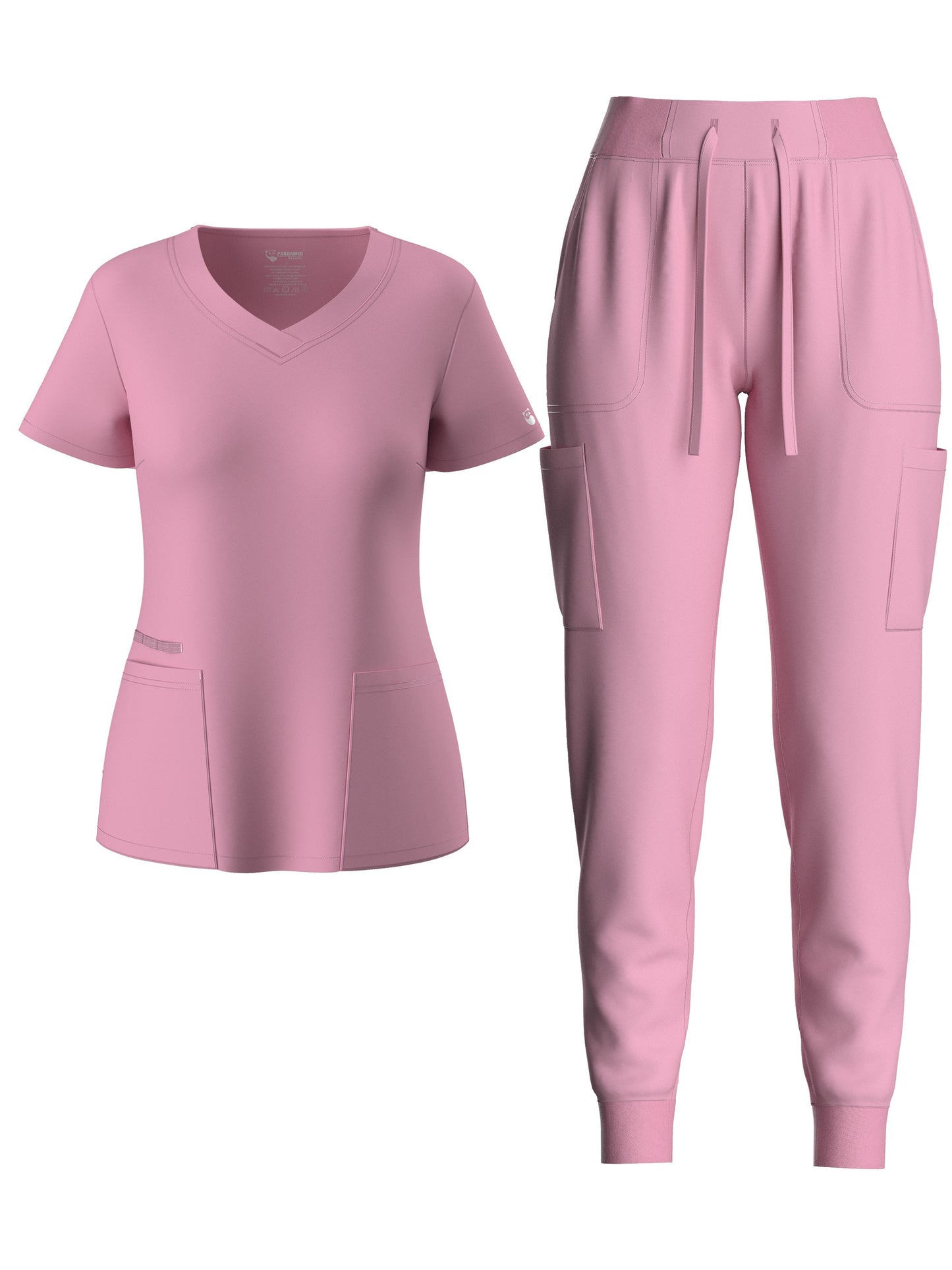 Solid Two-piece Set, Elegant Short Sleeve V Neck Scrub Top & Drawstring Pants Outfits, Women's Clothing