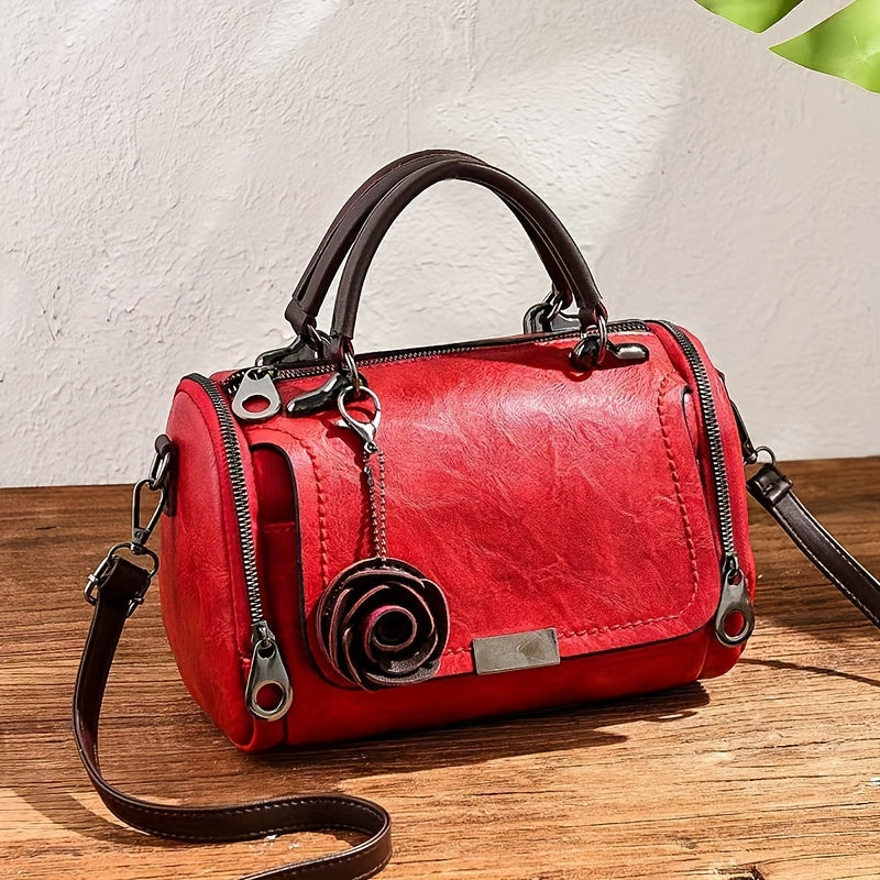 Timeless Vintage Leather Boston Bag - Stylish Crossbody with Retro Zipper Detail - Spacious & Durable Purse for Women