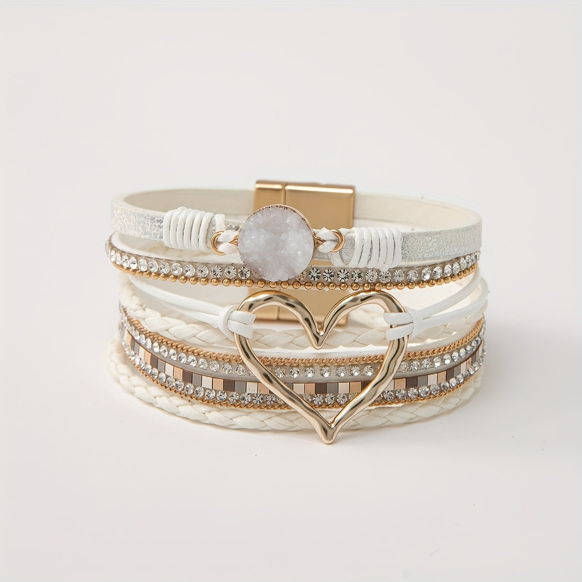 [Boho Chic Heart Bracelet] Boho Chic Multi-Layer PU Leather Magnetic Clasp Bracelet - Black Braided Design & Crystal Accents, Golden-Tone Metal Heart Pendant, Elegant Love Heart