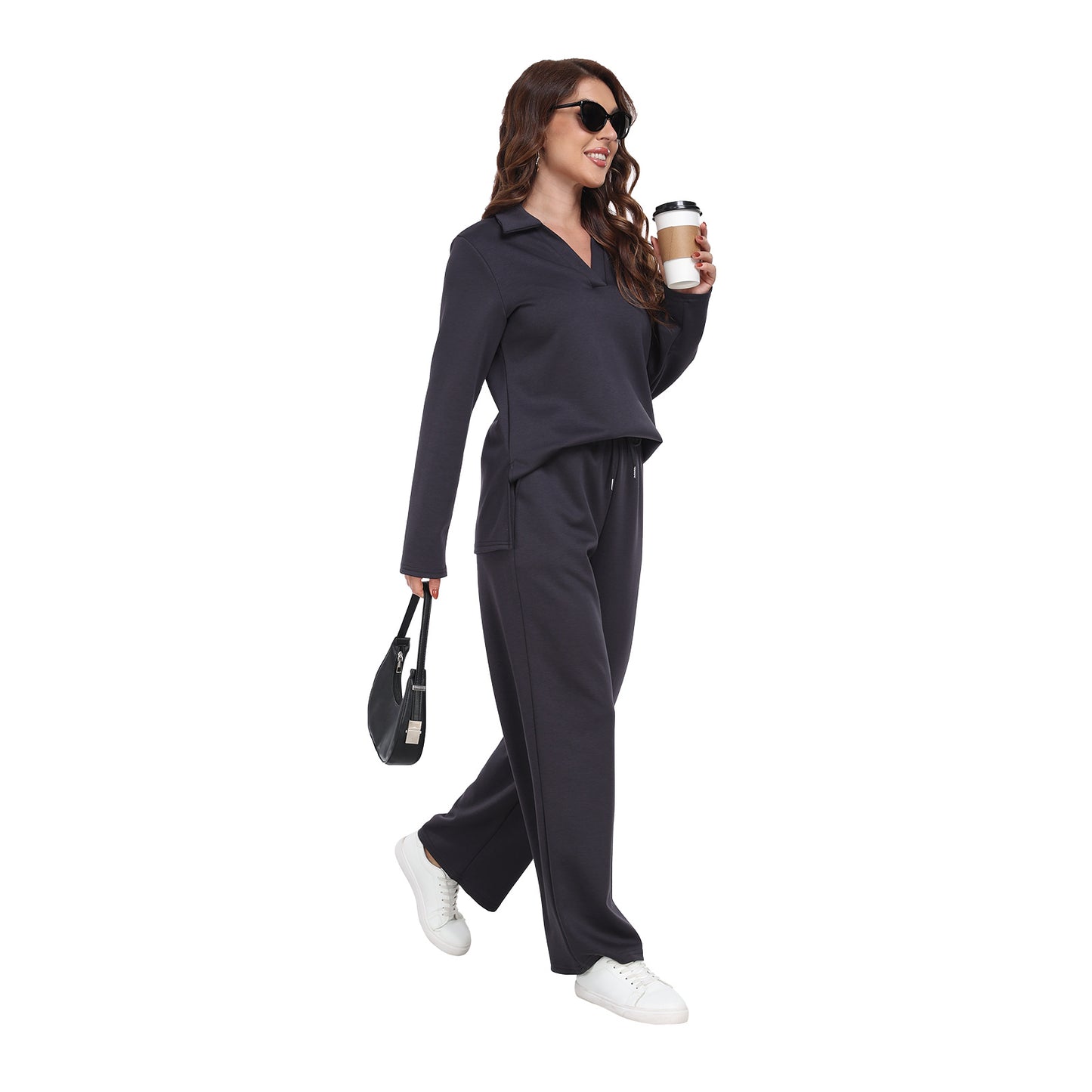 RONGTAI 2 Piece Outfits Sweatsuit For Women Casual Long Sleeve V Neck Pullover Tracksuit Solid Soft Comfy Tracksuits Set