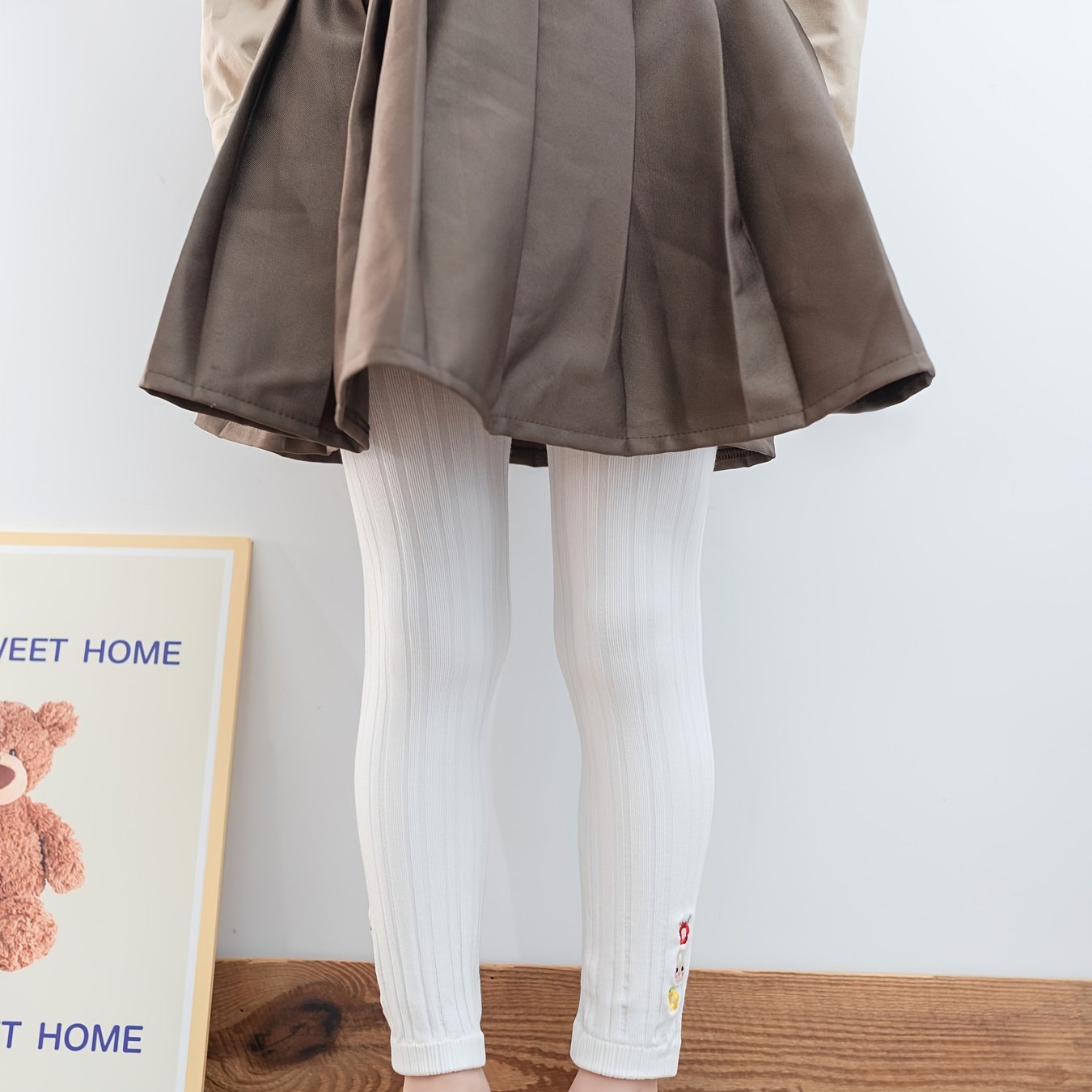 Kids' Base Pants, Girls' Spring/Autumn Vertical Stripe Slim Fit Knit Socks Embroidered Casual 9/10 Pants