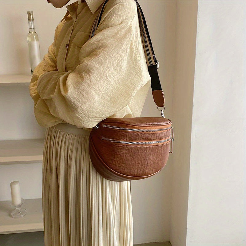 Women's Black Synthetic Leather Crossbody Bag - Adjustable Striped Strap, Zipper Closure, Large Capacity, Polyester Lining, Versatile Solid Color Design