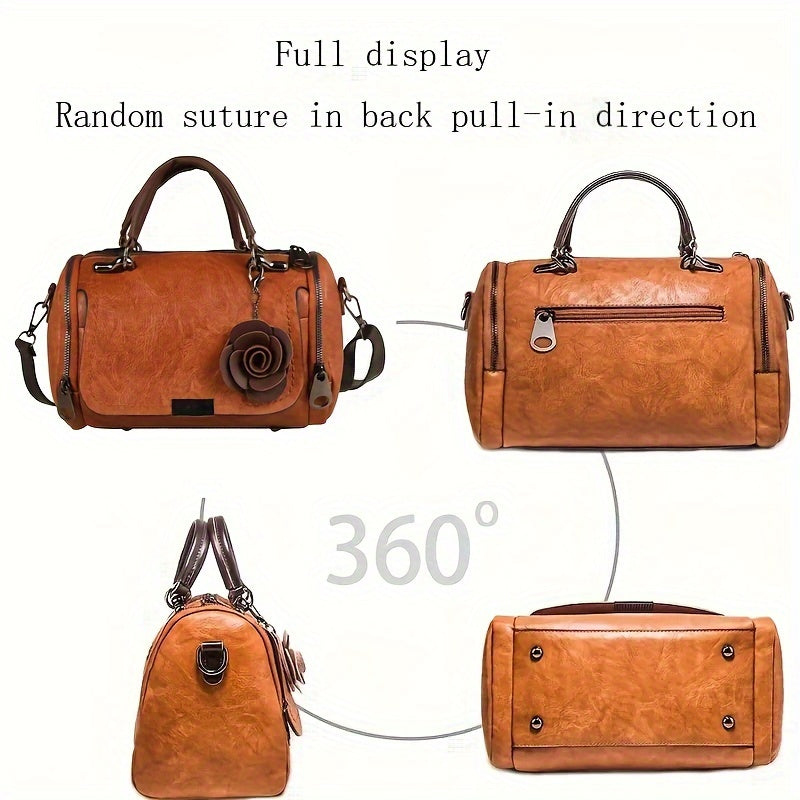 Timeless Vintage Leather Boston Bag - Stylish Crossbody with Retro Zipper Detail - Spacious & Durable Purse for Women