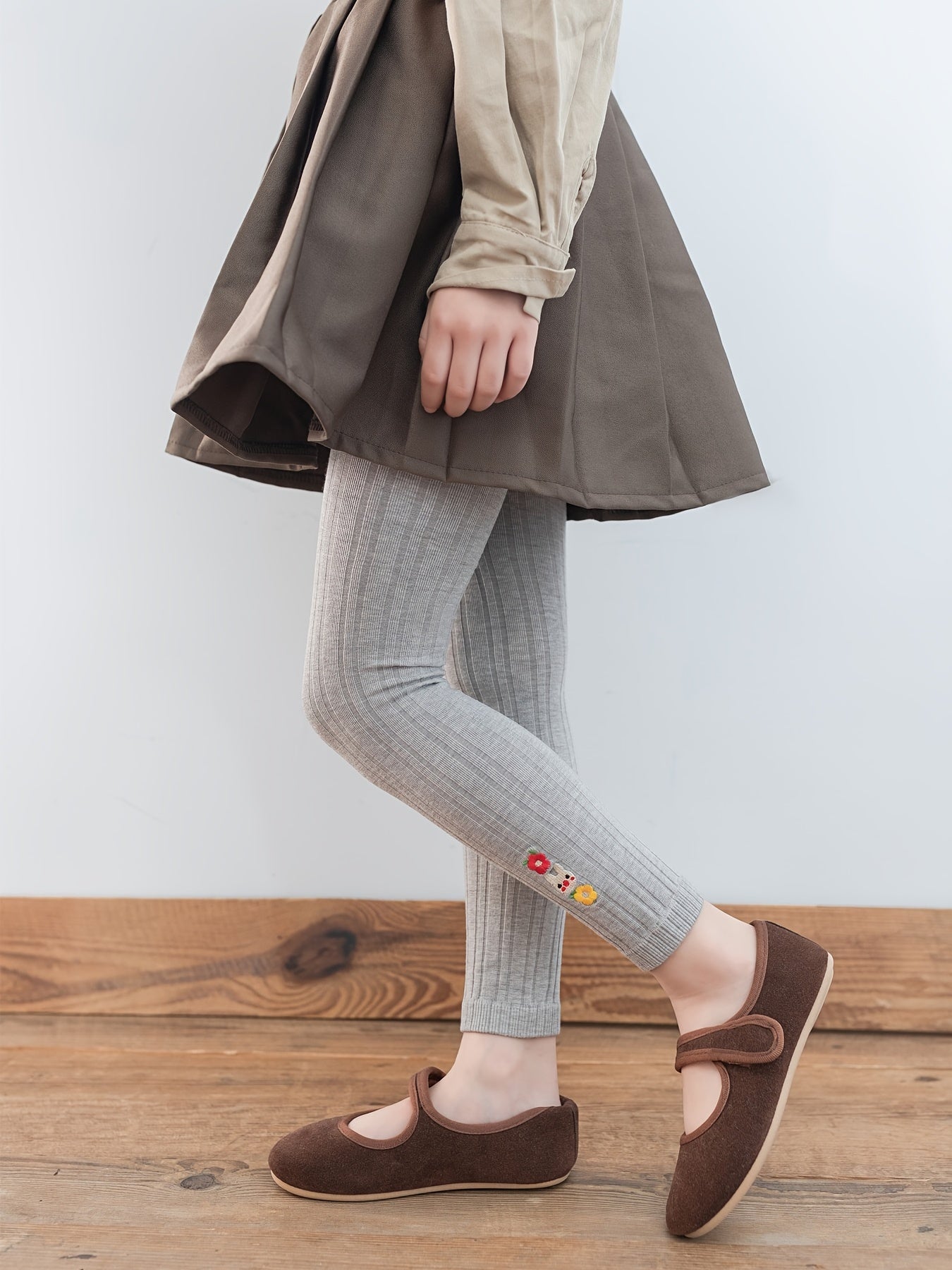 Kids' Base Pants, Girls' Spring/Autumn Vertical Stripe Slim Fit Knit Socks Embroidered Casual 9/10 Pants