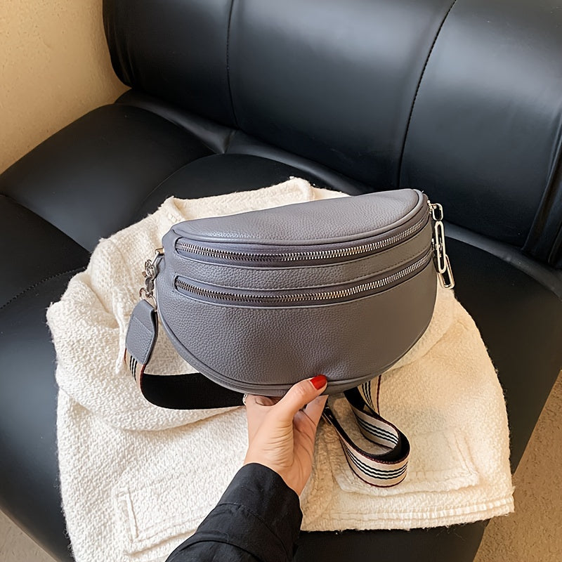 Women's Black Synthetic Leather Crossbody Bag - Adjustable Striped Strap, Zipper Closure, Large Capacity, Polyester Lining, Versatile Solid Color Design