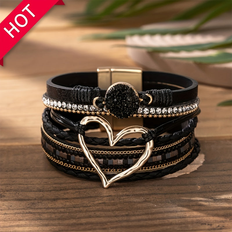 [Boho Chic Heart Bracelet] Boho Chic Multi-Layer PU Leather Magnetic Clasp Bracelet - Black Braided Design & Crystal Accents, Golden-Tone Metal Heart Pendant, Elegant Love Heart