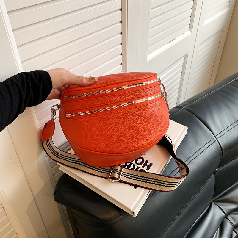 Women's Black Synthetic Leather Crossbody Bag - Adjustable Striped Strap, Zipper Closure, Large Capacity, Polyester Lining, Versatile Solid Color Design