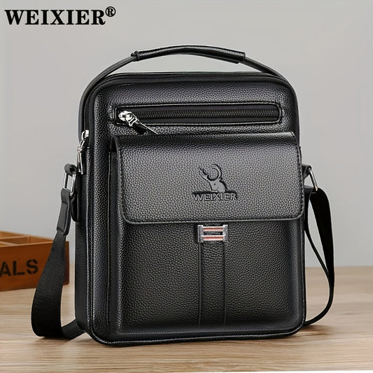 [Vintage Business Bag] WEIXIER Men's Vintage Business Casual Adjustable Shoulder Bag - Multiple Compartments, Zippered Pockets, Compact Design, Black, Secure Zip Closure, Small Crossbody Bag