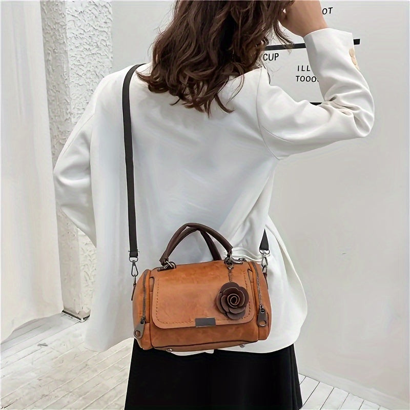 Timeless Vintage Leather Boston Bag - Stylish Crossbody with Retro Zipper Detail - Spacious & Durable Purse for Women