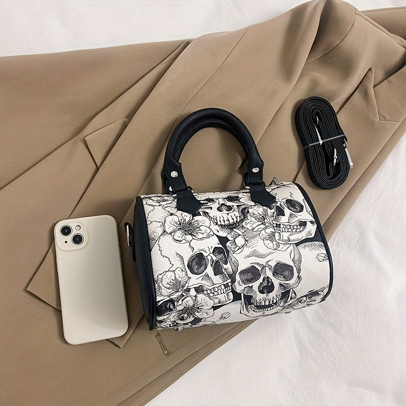 Gothic Skull Print Boston Bag, Punk Y2K Crossbody Bag, Women's Trendy Handbag & Shoulder Tote Purse For Halloween